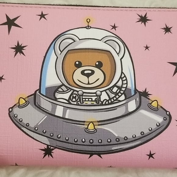 💕MOSCHINO💕 Space Ship Bear Zip Around Wallet Pink NWT 100% Leather - Picture 8 of 14